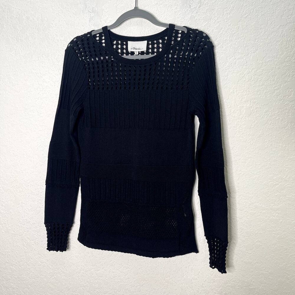 3.1 Phillip Lim Womens M Black Openwork Mesh Knit Long Sleeve Sweater Pullover